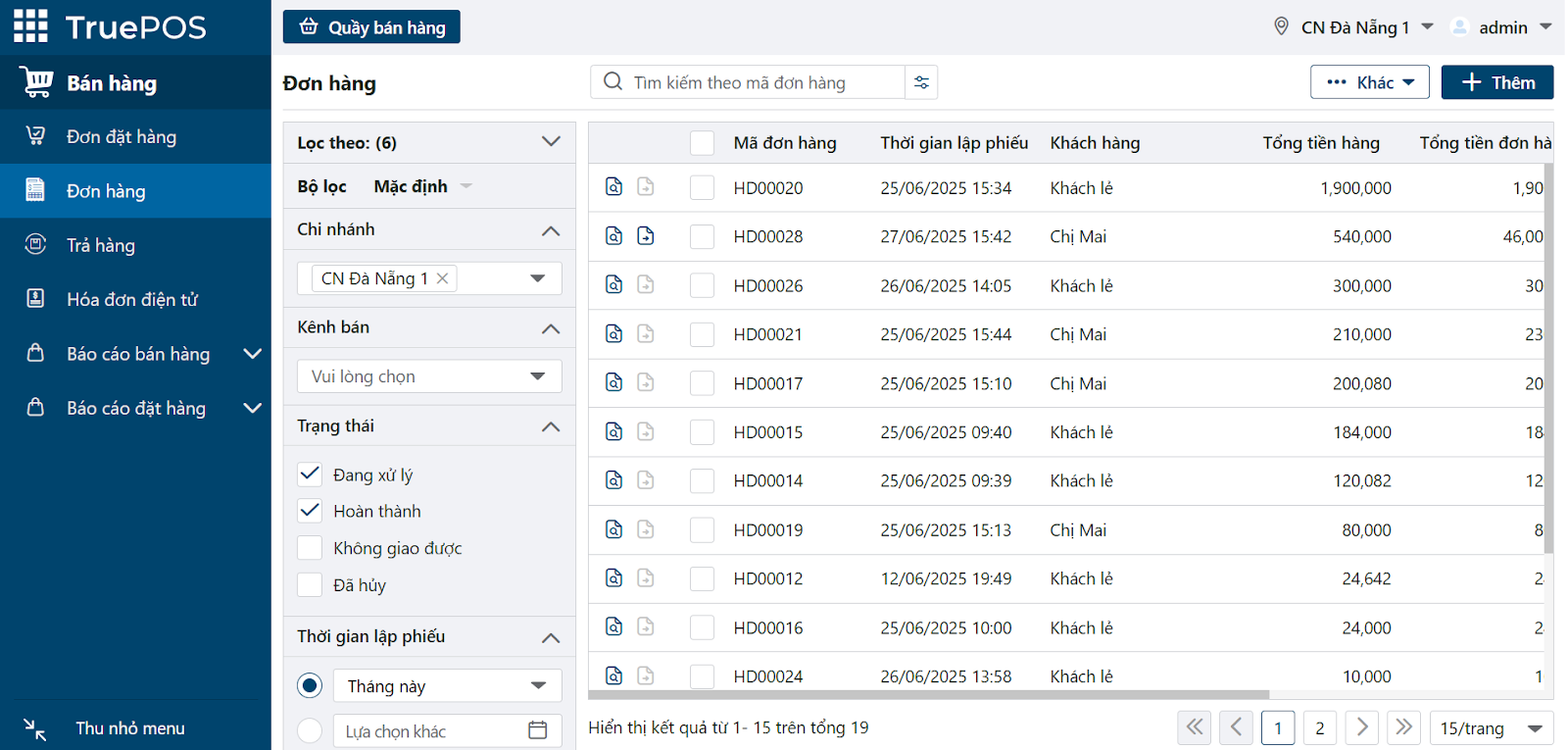 Giao diện phần mềm quản lý spa TruePOS